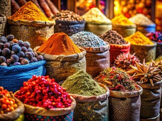 Fototapeta premium Vibrant Spices, Bokeh Blur: Colorful Market Stall Photo