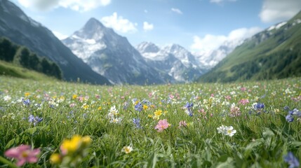 Fototapeta premium Mountain Meadow Blooms - Colorful wildflowers in a valley, under a clear sky, ideal for nature tourism