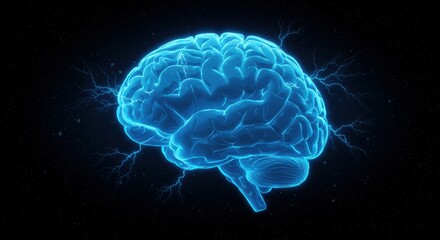 Glowing blue brain, 3D hologram, neon outline, futuristic neuroscience, dark background, digital brain scan, ethereal glow, neurology visualization, high-tech medical imaging, electric blue color, tra