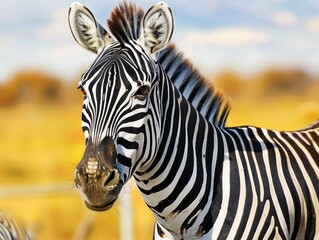 Fototapeta premium Zebra face close-up shows detailed fur and striking black and white patterns on a golden, blurred savannah background.