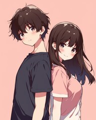 A cute anime couple standing back-to-back
