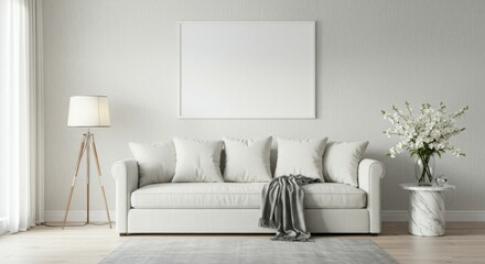 modern minimalist living room, white walls, grey sofa, blank canvas frame, side table, table lamp, vase with white flowers, hardwood floor, natural light, clean lines, neutral color palette, scandinav
