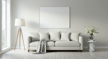 modern minimalist living room, white walls, grey sofa, blank canvas frame, side table, table lamp, vase with white flowers, hardwood floor, natural light, clean lines, neutral color palette, scandinav