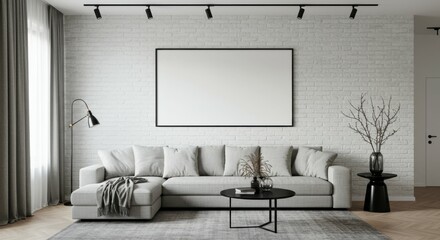 Modern minimalist living room, white brick wall, large blank canvas, gray modular sofa, black coffee table, potted plant, industrial ceiling lights, monochromatic color scheme, clean lines, spacious i