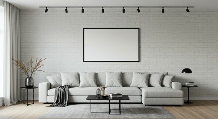 Modern minimalist living room, white brick wall, large blank canvas, gray modular sofa, black coffee table, potted plant, industrial ceiling lights, monochromatic color scheme, clean lines, spacious i