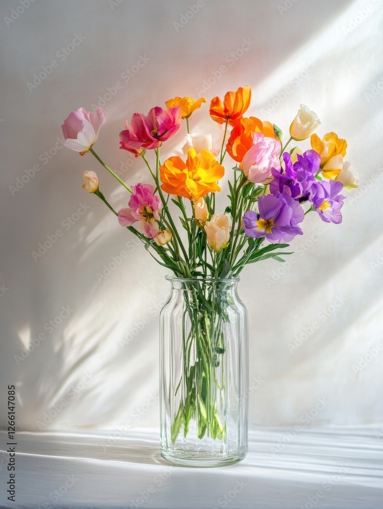 Poster Brightly colored flowers arranged in a glass vase with soft shadows during daylight hours. Generative AI