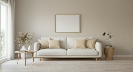 Cozy living room, modern minimalist interior, beige sofa, wooden coffee table, white pendant lamp, textured wall, potted plants, neutral color palette, natural light, Scandinavian design, framed artwo