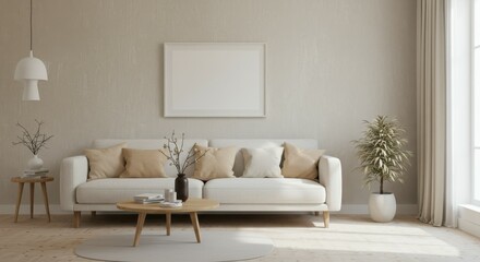 Fototapeta premium Cozy living room, modern minimalist interior, beige sofa, wooden coffee table, white pendant lamp, textured wall, potted plants, neutral color palette, natural light, Scandinavian design, framed artwo