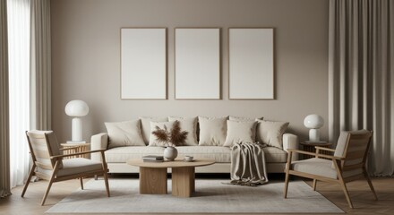 Interior design, modern living room, neutral color palette, beige sofa, wooden coffee table, armchairs, wall panels, minimalist decor, textured fabrics, white curtains, cozy atmosphere, contemporary s