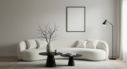 Minimalist living room, monochromatic color scheme, white sofa, black coffee table, branch decor, empty picture frame, floor lamp, textured wall, neutral tones, clean lines, contemporary design, Scand