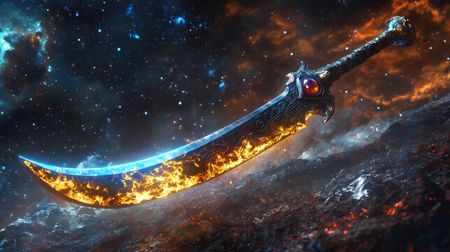 3d fantasy scimitar with cosmic energy orb. Intergalactic Artifacts. Illustration