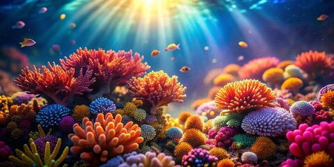 Obraz premium Vibrant Tropical Coral Reef with Bokeh, Underwater Scene, Colorful Coral, Ocean Life, Marine Ecosystem