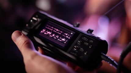 A side view of the audio recorder in use during a live recording session capturing sound waves visually on the digital display while a musician adjusts the channel settings conveying