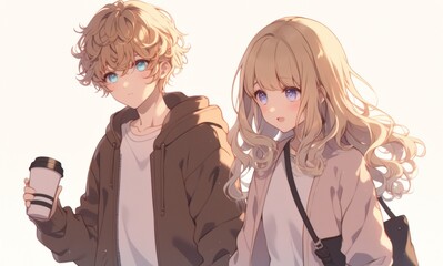 Cute anime-style couple standing together, with the girl wearing an oversized cardigan and long black hair, and the boy with short dark gray fluffy hair, both looking at the camera 