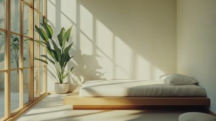 Fototapeta premium Sunlit Minimalist Bedroom with Wooden Platform Bed and Greenery