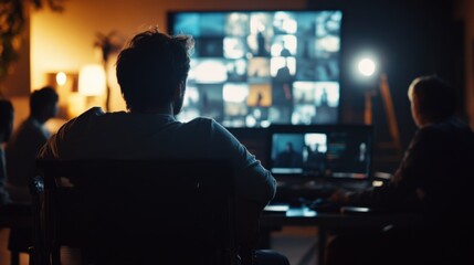 The director leans back in a chair arms crossed while watching a montage of scenes play on the screen a thoughtful expression on their face. Bright lights from the screen illuminate
