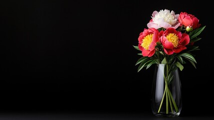 Fototapeta premium Peonies in glass vase, dark background, floral arrangement, spring, website banner