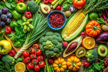 Vibrant Vegan Cookbook Cover: Fruits, Vegetables & Greens on Green Background