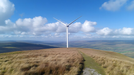 Majestic Wind Turbine on Hill Under Clear Blue Skies
