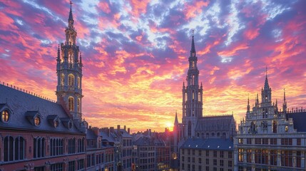 Obraz premium Belgian city square at sunset with colorful sky
