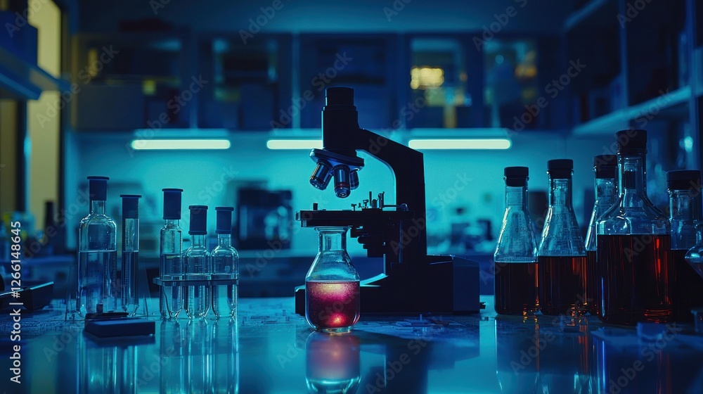Poster scientist in lab analyzing samples under microscope with lights and beaker on table