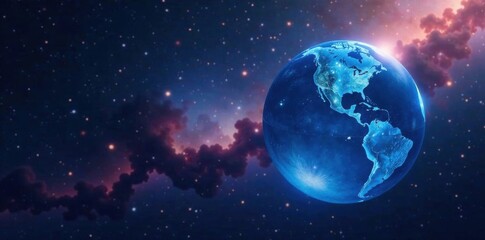 Close-up of a blue marble-like ball suspended in space amidst stars and galaxies, blue marble, orb, stars
