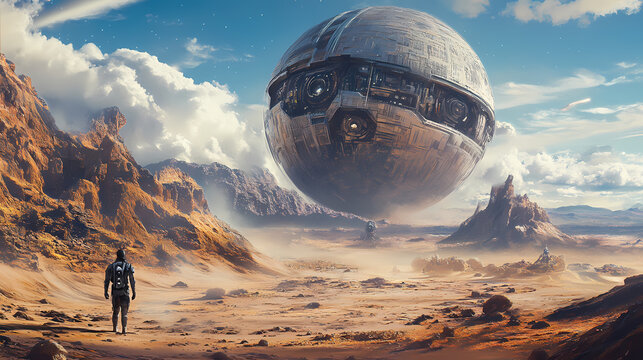 Aliens earth machines, intergalactic explorers captivated by mysterious earthly artifact in desolate sci-fi landscape. Intergalactic Artifacts. Illustration