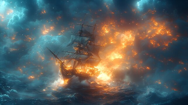 Burning ship in stormy sea, fiery sky, fantasy art, game asset