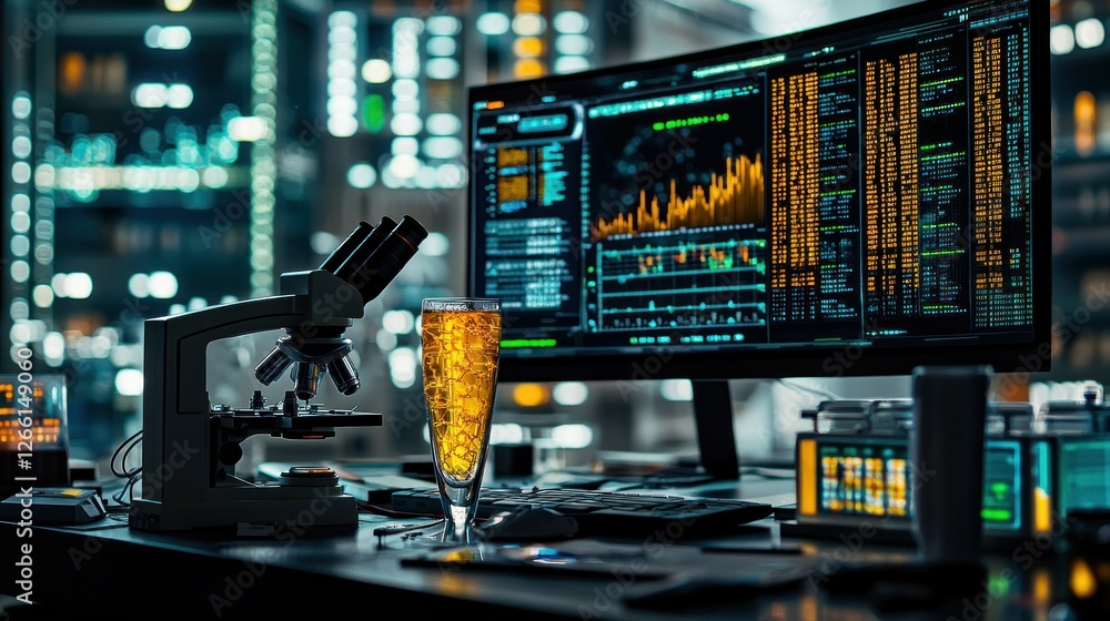 Poster science a lab with microscope, beer and screen showing data with city backdrop