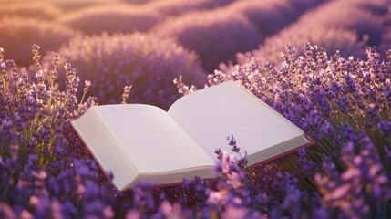 Open Book Surrounded by Lavender Flowers in Soft Morning Light