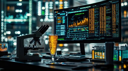 Naklejka premium Science A lab with microscope, beer and screen showing data with city backdrop