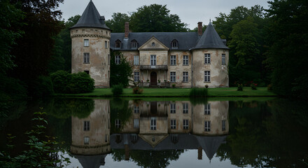 Fototapeta premium Serene Reflection: A Majestic Chateau Mirrored in a Tranquil Pond