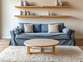 A minimalist living room interior, a living room interior design with a light blue sofa and a wood coffee table and a wood shelf. Generative AI
