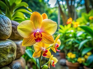 Fototapeta premium Vibrant Yellow Orchid Blooming in a Lush Garden - Stock Photo