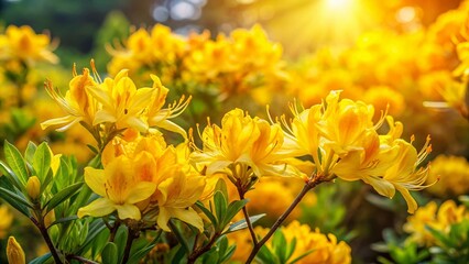 Fototapeta premium Vibrant Yellow Rhododendron Luteum Blossoms in Lush Spring Landscape