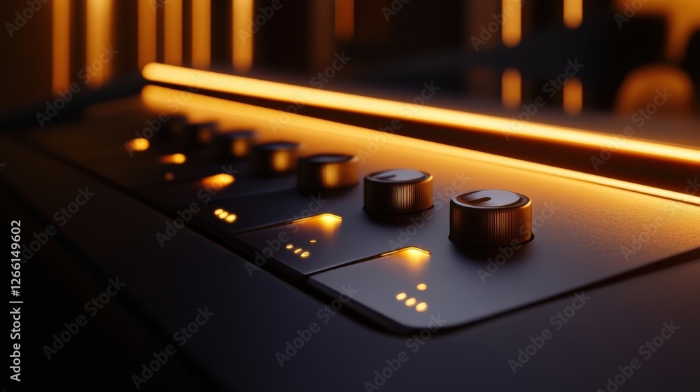 Poster close up view of a professional audio mixing console with illuminated knobs and faders, creating a w