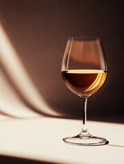 Elegant glass of white wine reflecting warm light on a soft fabric background in a cozy setting