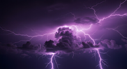 Spectacular Night Thunderstorm with Vivid Purple Lightning Bolts Striking Dark Clouds