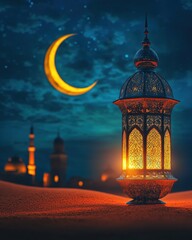 Fototapeta premium Ramadan Lantern Glows Under Crescent Moon in Desert Night Scene