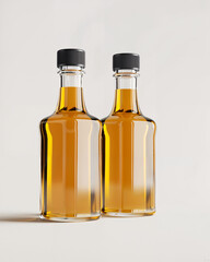 Elegant glass bottles filled with golden liquid on a light background, showcasing modern design and simplicity in home decor