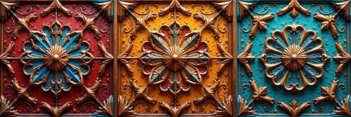 Fototapeta premium Close-up of intricate patterns on wooden decorative panels, art, design, beauty