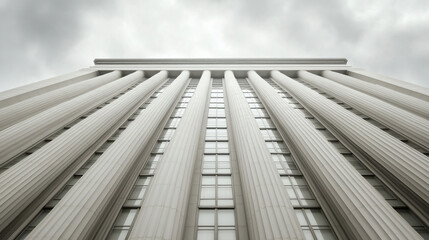 Large white columns dominate the facade of a building, stretching towards a cloudy sky, creating a sense of grandeur and architectural power