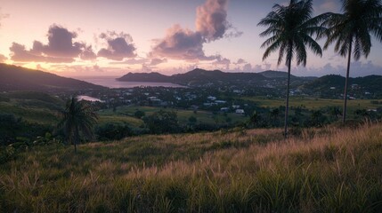 Tropical sunset view over valley town
