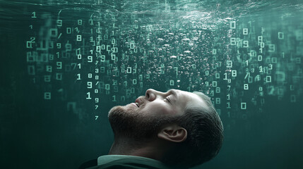Digital businessman sinking underwater, engulfed by streaming binary code, representing overwhelming information saturation in modern technological landscape