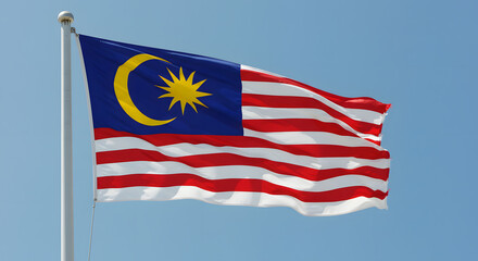 Majestic Malaysian Flag Fluttering in the Breeze Against a Clear Blue Sky