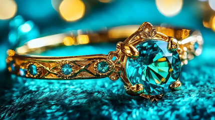 Emerald ring on teal fabric, bokeh background; jewelry advertising