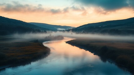 Fototapeta premium Serene Sunrise over Misty River Valley: A Breathtaking Landscape Photography