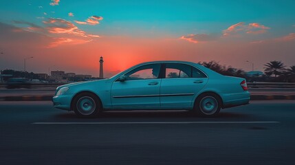 Sedan driving on highway at sunset with city skyline in background for travel site
