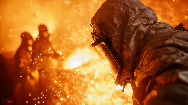 Industrial Workers Safely Operating Blast Furnace in Steel Plant 