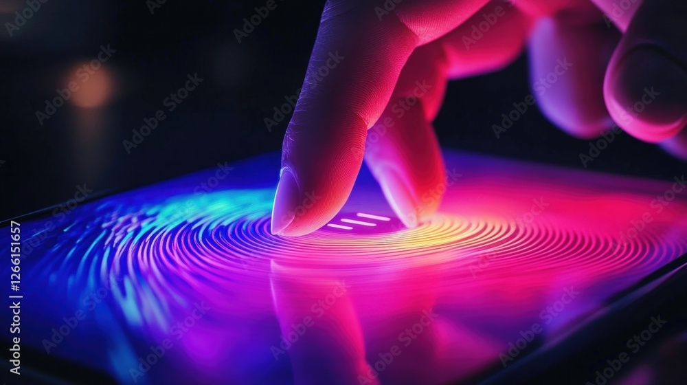 Poster an intricate focus on a finger pressing down on a biometric sensor with the display of the smartphon